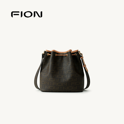 Fion/菲安妮老花水桶包女25新款抽绳轻奢感休闲通勤单肩斜挎包包