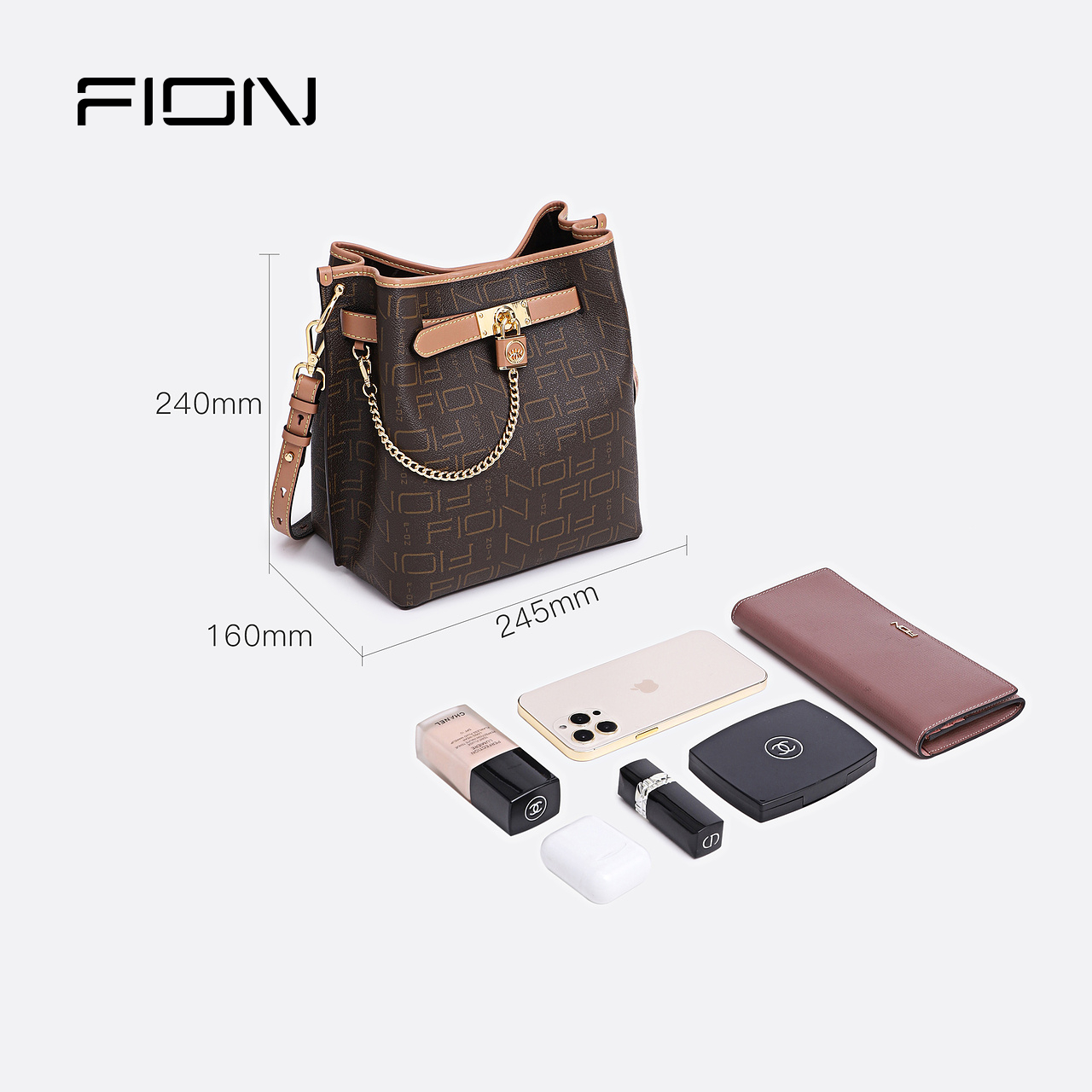 Fion/菲安妮老花水桶包 新款轻奢通勤女包小众设计复古斜挎包