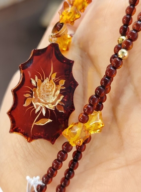 中古Vintage18k金扣头琥珀项链手工雕花