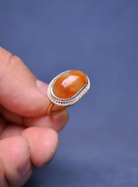 内径17红皮白玉籽料镶银戒指手饰