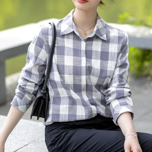 富木纯棉竹节长袖衬衫女新款春秋灰白格休闲衬衣百搭女装WZ-311R2 - 图2