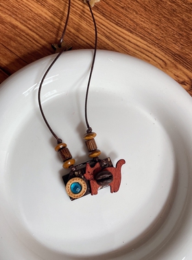 原创森系复古咖啡豆小猫相机项链