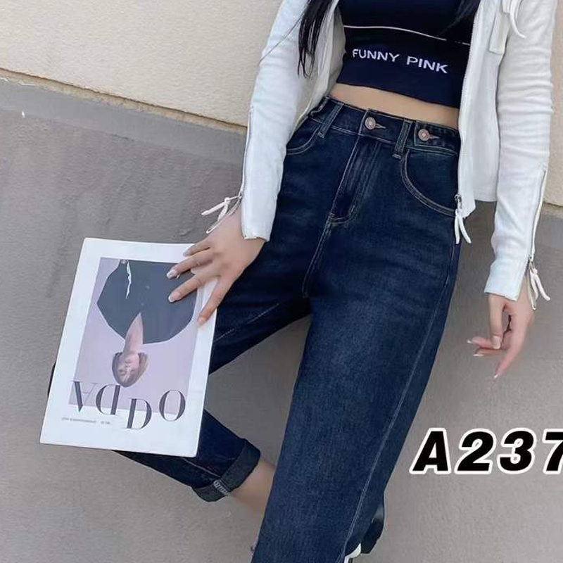 爆犀牛宽松微垮牛仔老爹裤女2024春新款松紧高腰萝卜哈伦裤特价-图3