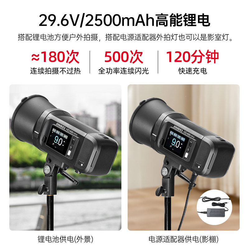 金贝HD400MAX便携外拍闪光灯400W手持锂电摄影灯高速同步TTL自动测光连拍频闪中英文触屏影棚外景补光保荣口