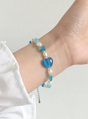 浪漫仙气蓝色心型猫眼石少女手链