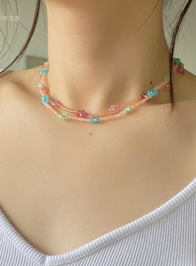 浪漫度假感彩色水晶花朵项链