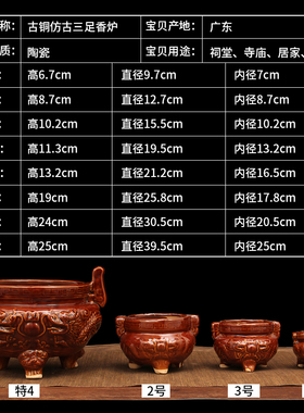 陶瓷仿古盘线三足佛堂用品香炉