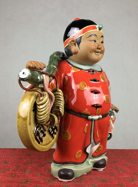 运财童子石湾公仔风水佛山陶瓷