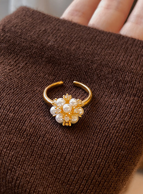 秋冬金色绣球珍珠锆石开口戒指女小众设计食指环轻奢高级感手饰品