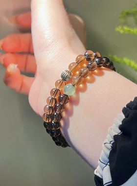 天然透体茶水晶手双圈6MM