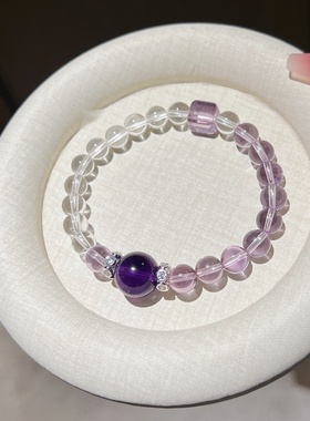 天然双色紫水晶白水晶手链上岸