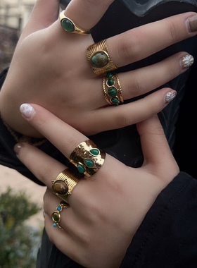 欧美大气ins风天然石钛钢戒指