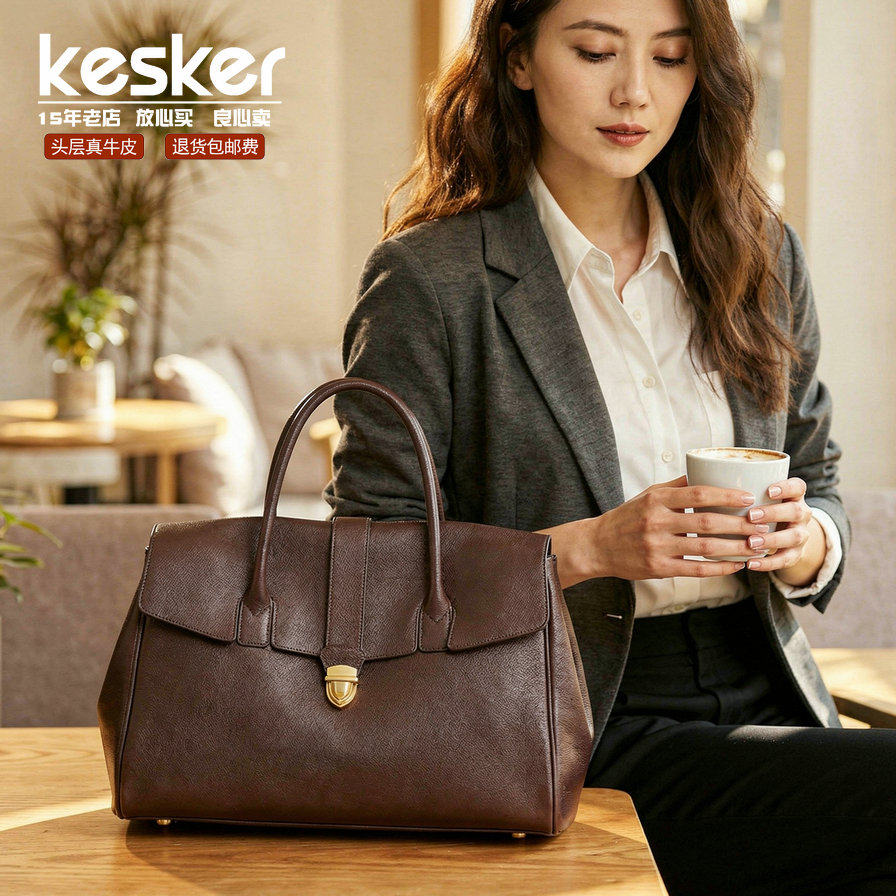 KesKer正品牛皮托特包女大容量通勤手提包真皮ins高品质大包包,淘宝优惠券,粉丝福利购,淘宝优惠卷