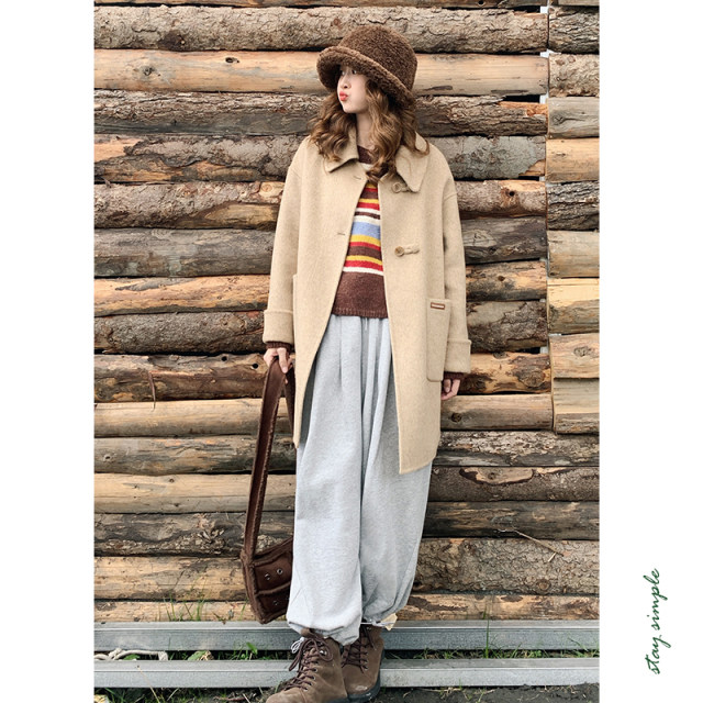 花吉B875奶茶色宽松中长款羊毛双面呢女2025新款秋冬学院风大衣