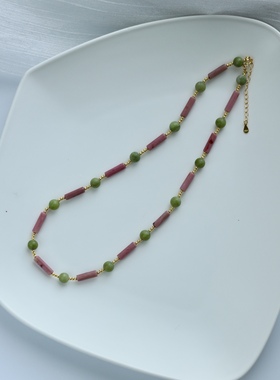 Siaon 复古红纹石天然玉石粉绿色手工串珠项链ins风韩系博主叠戴