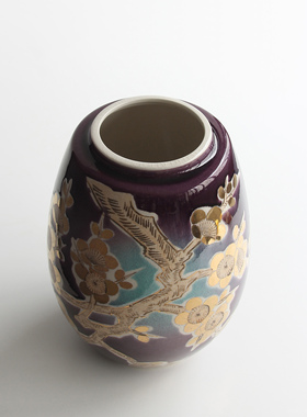 日本九谷烧手绘金彩梅花树紫色釉花瓶日式家居空间插花器装饰摆件