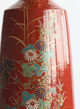 日本九谷烧名窑手工红彩描金草花纹瓷花瓶日式插花器家居装饰摆件