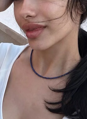 拾年书生天然水晶蓝纹苏打石项链女克莱因蓝锁骨链简约百搭