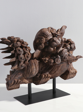 新中式麒麟狮子仿木侘寂风摆件