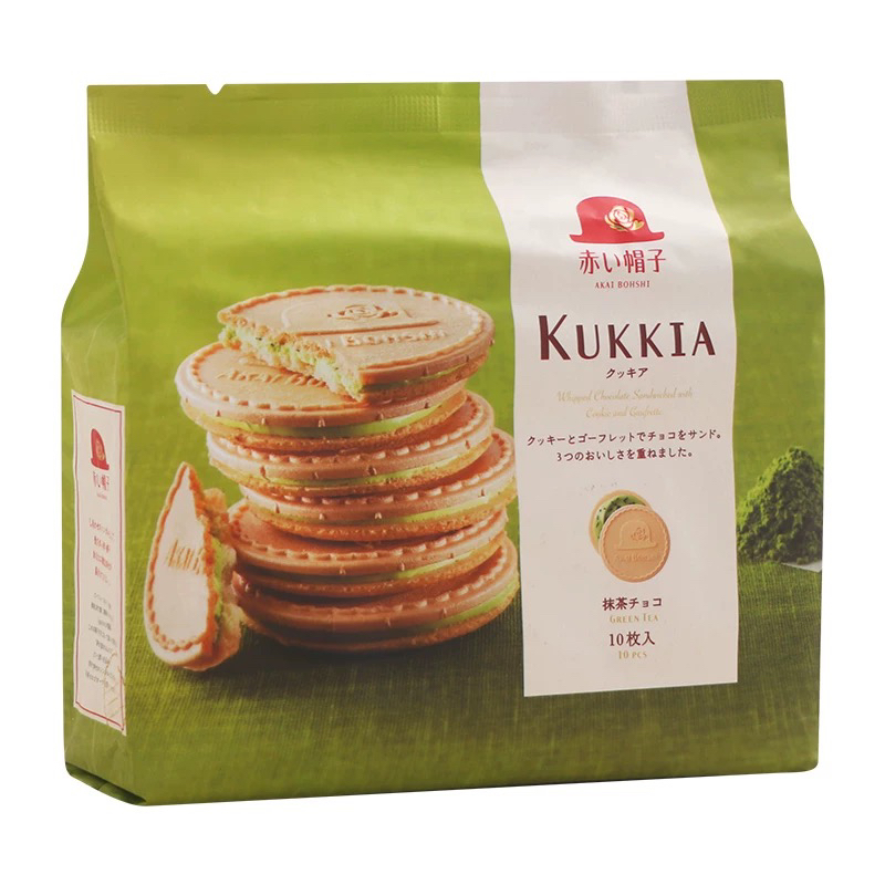 日本本土千朋红帽子抹茶牛奶巧克力夹心饼干薄脆夹心饼10枚入 - 图1