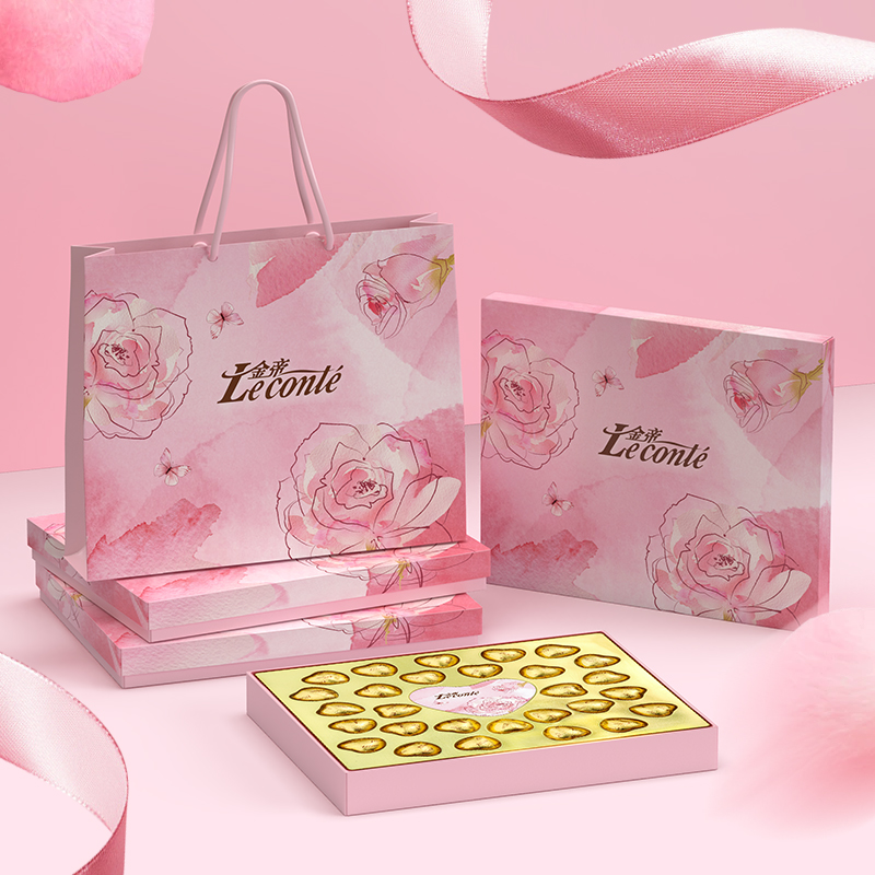 金帝花卉粉色系巧克力礼盒金色心形520生日礼物送女友送母亲
