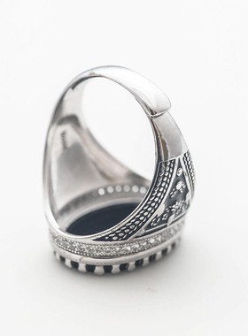 复古黑玛瑙活口可调节纯银戒指