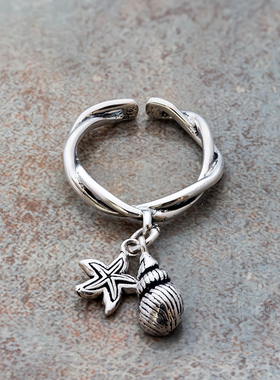 海星复古休闲纯银开口坠子戒指