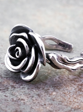 复古玫瑰个性925纯银开口戒指女