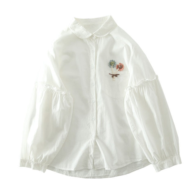 ສິນລະປະຂອງແມ່ຍິງ Ingot Collar Pocket ສາມມິຕິ Appliqué ເສື້ອສີຂາວ