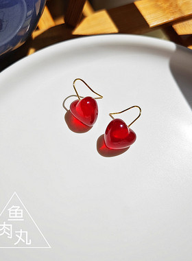 甜美简约透明果冻红色小爱心耳钩