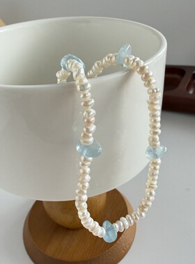 天然淡水珍珠拼接海蓝宝串珠项链女极简气质个性小众锁骨链新款