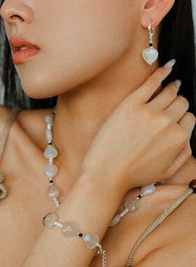 ins小清新简约白玛瑙爱心项链耳环女甜美气质心形白贝手链耳饰