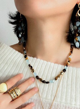 小众设计海蓝宝虎眼石项链手链耳钉女波西米亚高级复古长流苏耳环