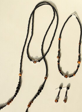 简约行星虎眼石黑玛瑙长款项链耳环女冷淡风不规则串珠叠搭毛衣链