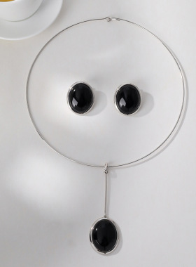 天然白贝母虎眼石玛瑙项圈吊坠圆形锁骨链小众轻奢欧美INS风项链