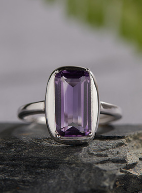 欧美小众外贸气质银饰品镶天然紫水晶黄水晶女方糖开口戒指项链