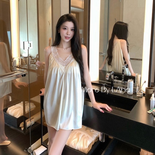LAria白月光 性感睡衣女冰丝2026新款夏季纯欲风睡裙高级感带胸垫 - 图0