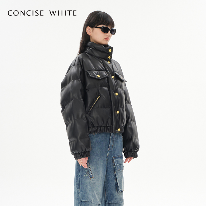 CONCISE-WHITE简白拼色金扣立领夹克棉服女23冬季新品设计师品牌