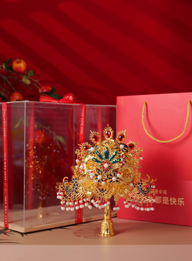 送闺蜜新婚中式金色手捧花明制秀禾婚服材料成品高档发光展示礼盒