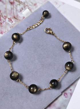 原创双金眼8mm天然黑曜石金曜石满天星手链手串 可水洗防过敏女