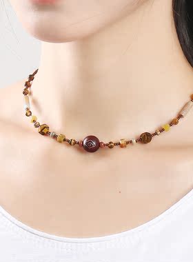 逸水红颜檀木天然石女项链锁骨链