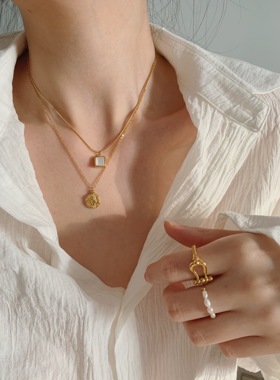 上新85折 混搭组方形白海贝项链18k包金极简约叠戴小钱币锁骨链