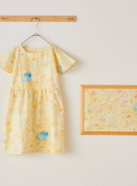 日本花型纯棉柔软设计插画服装手工布料黄色动物园