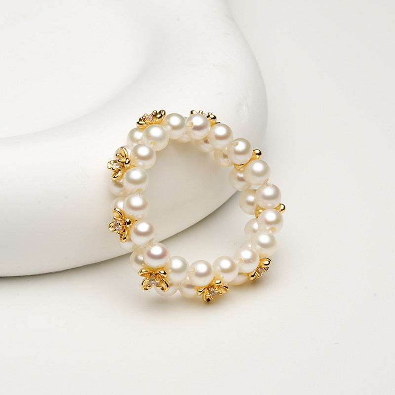 Golden Charm 3-4mm Osmanthus double-row freshwater pearl ring, fashionable and elegant high-end jewelry birthday gift