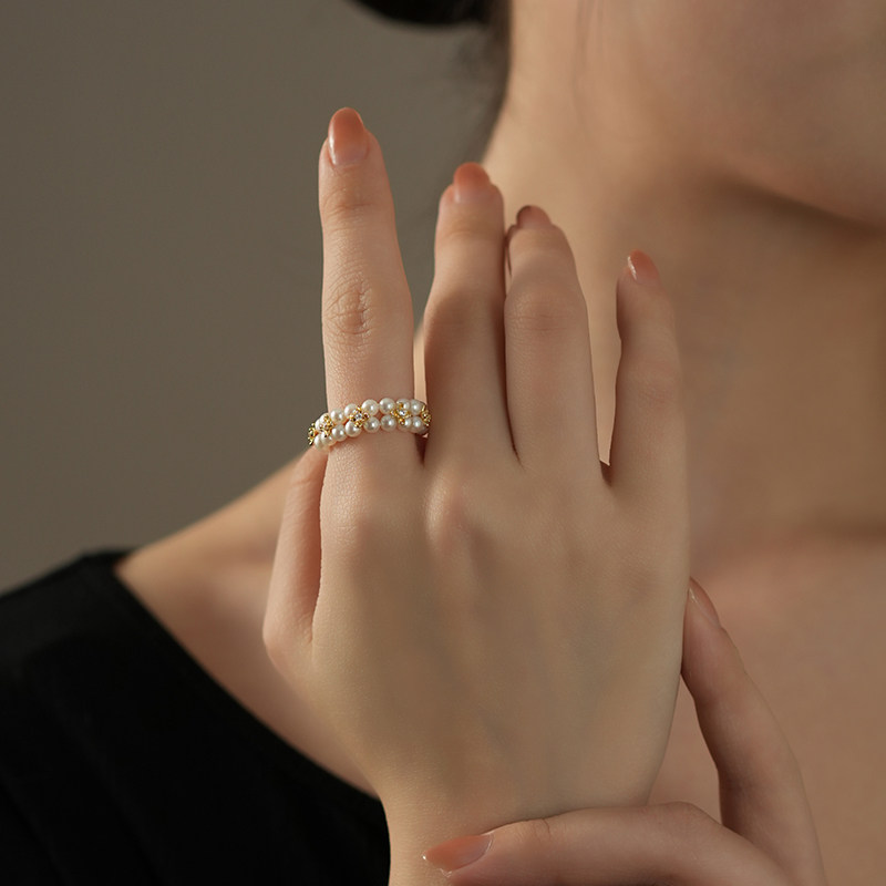 Golden Charm 3-4mm Osmanthus double-row freshwater pearl ring, fashionable and elegant high-end jewelry birthday gift
