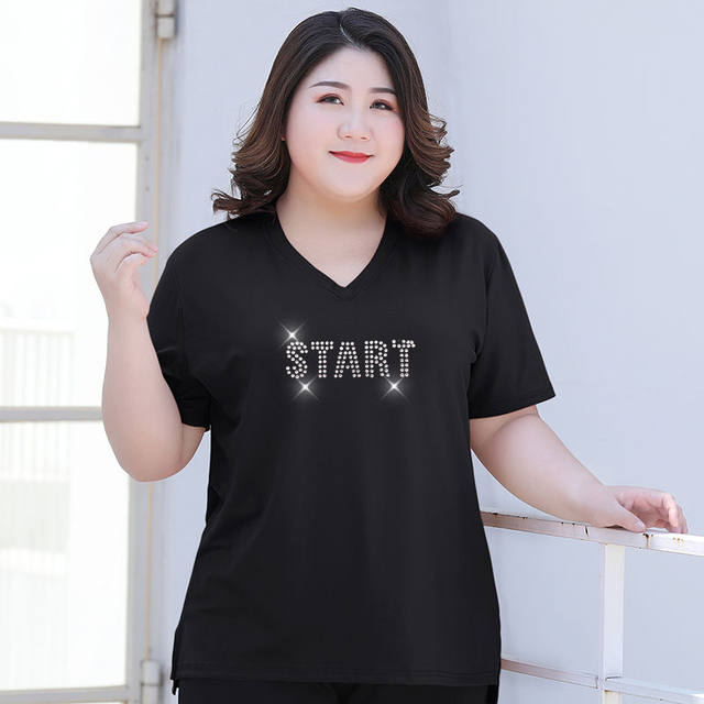 Fat mm short-sleeved t-shirt loose top 200Jin Jin equals 0.5kg 2021 summer oversized stretch V-neck bottoming shirt for women summer casual