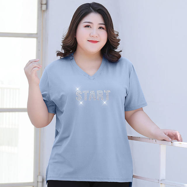 Fat mm short-sleeved t-shirt loose top 200Jin Jin equals 0.5kg 2021 summer oversized stretch V-neck bottoming shirt for women summer casual