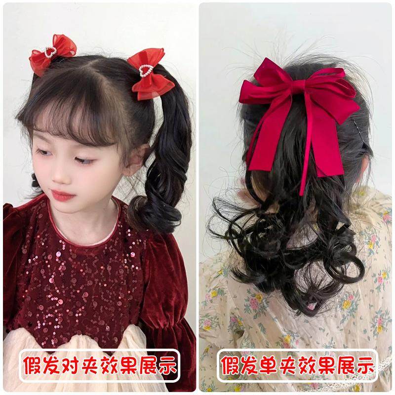儿童新年红自然黑波浪卷仿真假发头饰蝴蝶结对夹小女孩洋气高马尾,淘宝优惠券,粉丝福利购,淘宝优惠卷