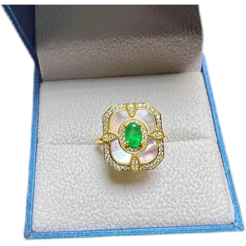 Natural emerald mother-of-pearl ring 4 x 6 925 silver finely inlaid with natural colored gemstones jewelry fashion gemstones