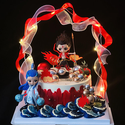 哪咤敖丙公仔摆件烘焙儿童生日哪吒蛋糕装饰风火轮手办插牌插件 - 图0